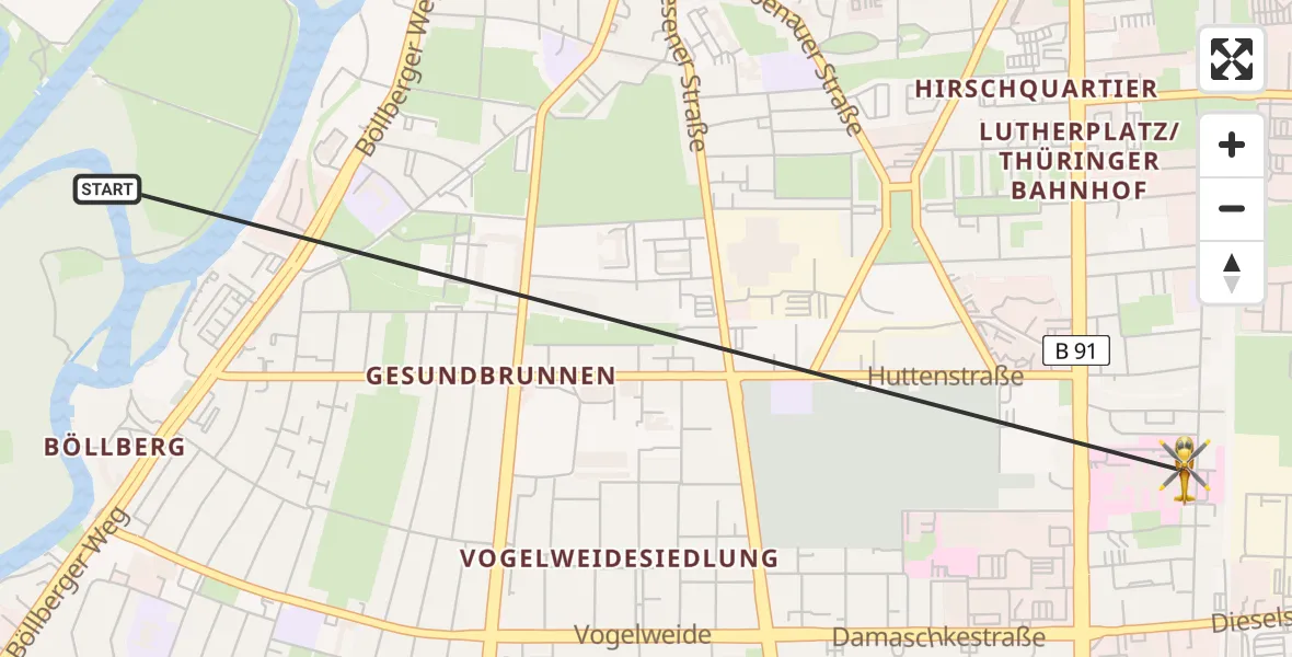 Flugroute Ambulanzhubschrauber Halle (Saale) - BG Hospital Bergmannstrost Halle, 10 April 2026, 01:07