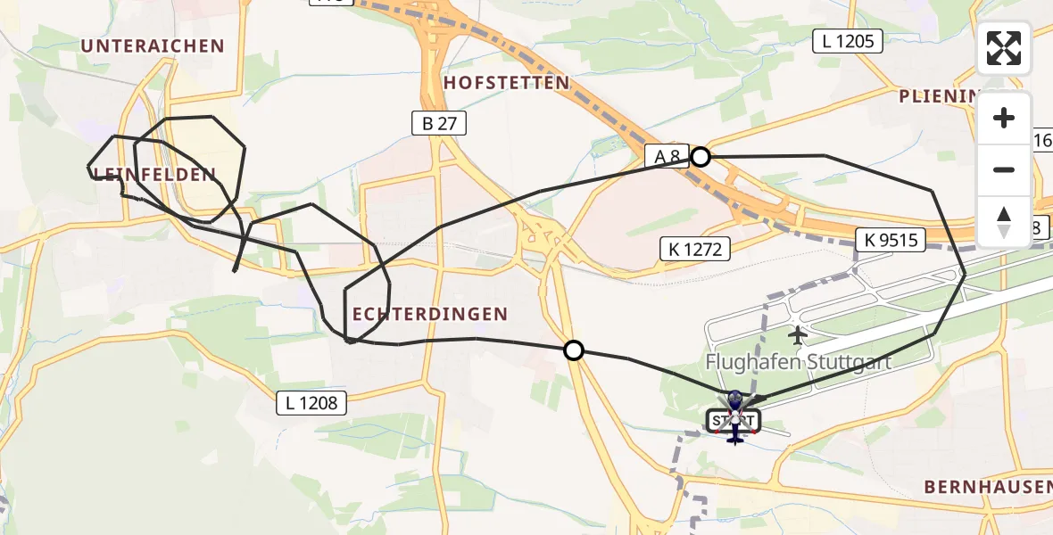 Flugroute Polizeihubschrauber Flughafen Stuttgart - Flughafen Stuttgart, 10 April 2026, 01:30