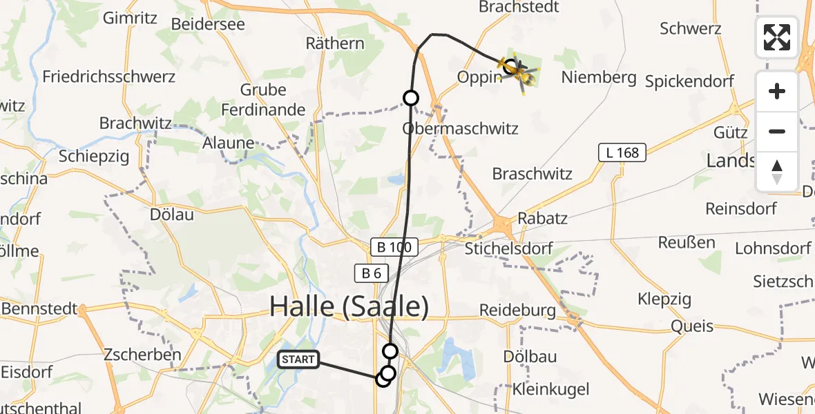 Flugroute Ambulanzhubschrauber Halle (Saale) - Halle-Oppin Flugplatz, 10 April 2026, 01:05