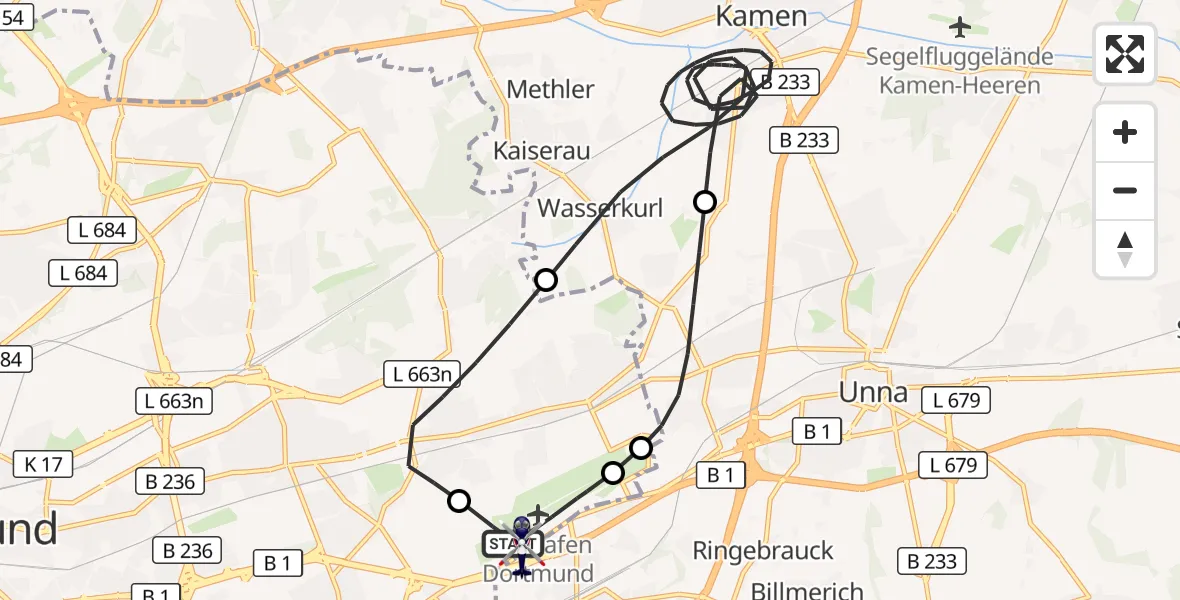 Flugroute Polizeihubschrauber Dortmund Flughafen - Dortmund Flughafen, 10 April 2026, 01:42