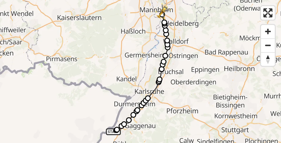 Flugroute Rettungshubschrauber Karlsruhe Baden-Baden Flughafen - Mannheim-City Flughafen, 10 April 2026, 04:38