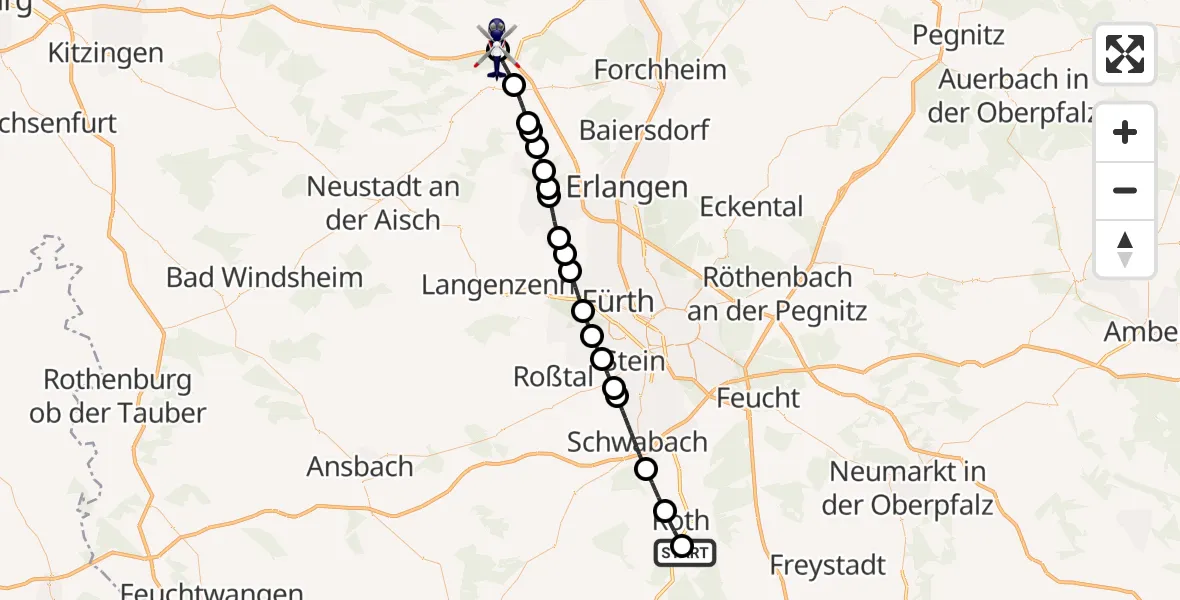 Flugroute Polizeihubschrauber Flugplatz Roth - Mühlhausen, 10 April 2026, 05:07