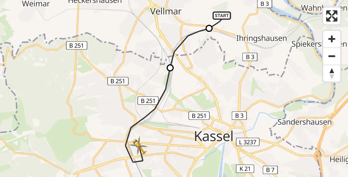 Flugroute Rettungshubschrauber Fuldatal Bundespolizei Hubschrauberlandeplatz - Kassel, 10 April 2026, 05:14