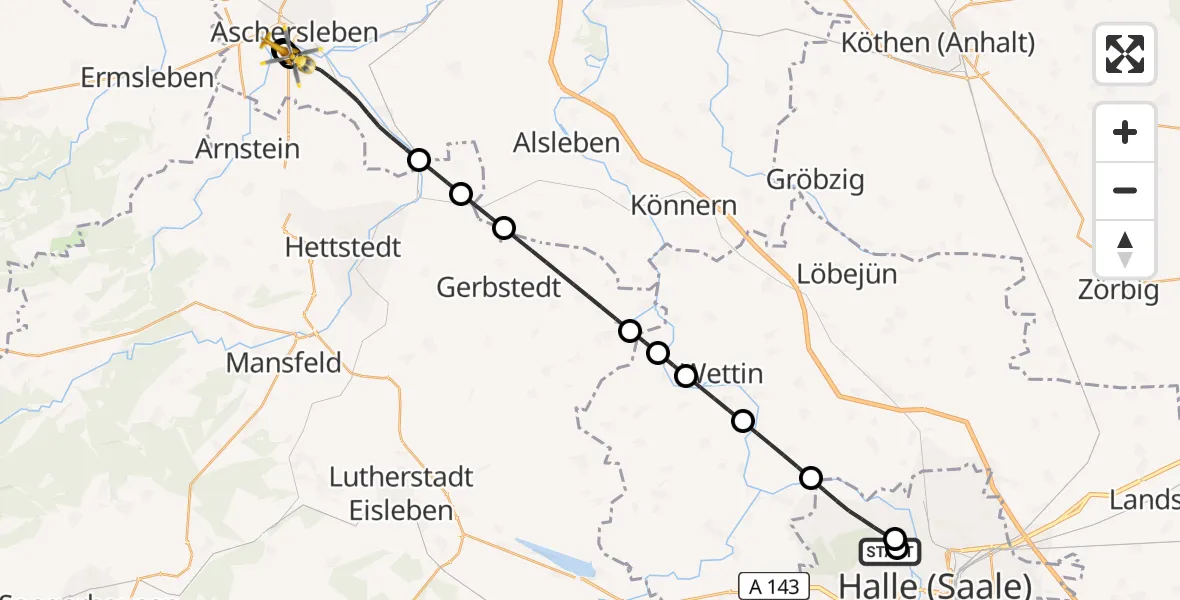Flugroute Ambulanzhubschrauber Halle (Saale) University Hospital - AMEOS Hospital Aschersleben, 10 April 2026, 05:18