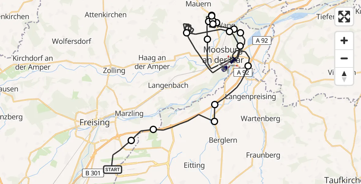 Flugroute Polizeihubschrauber München Flughafen - Moosburg auf der Kippe Flugplatz, 10 April 2026, 05:28