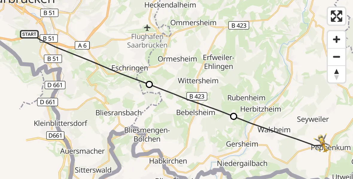 Flugroute Rettungshubschrauber Saarbrücken - Gersheim, 10 April 2026, 05:45