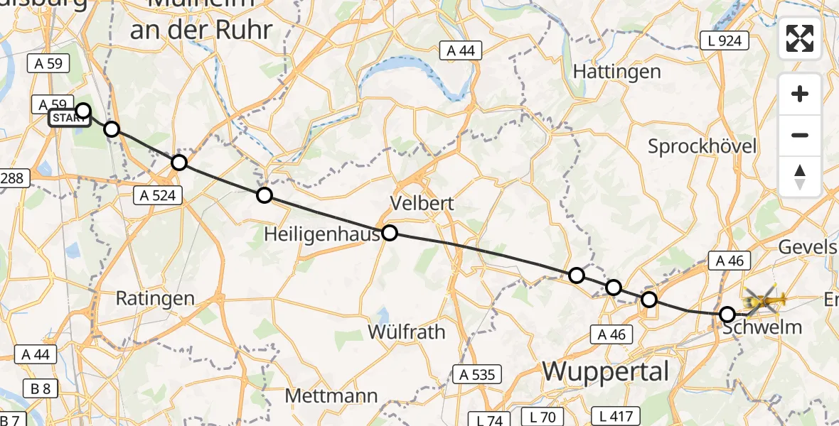 Flugroute Rettungshubschrauber Duisburg Air Rescue Hubschrauberlandeplatz (Christoph 9) - Schwelm, 10 April 2026, 05:58