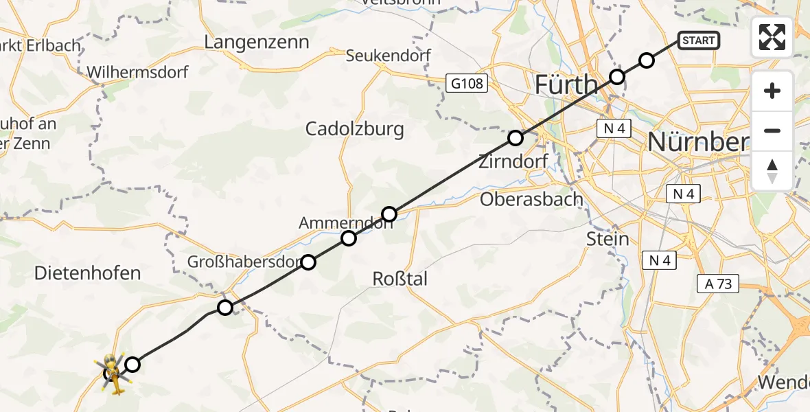 Flugroute Rettungshubschrauber Flughafen Nuremberg - Bruckberg, 10 April 2026, 06:11