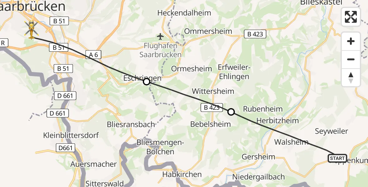 Flugroute Rettungshubschrauber Gersheim - Saarbrücken, 10 April 2026, 06:14