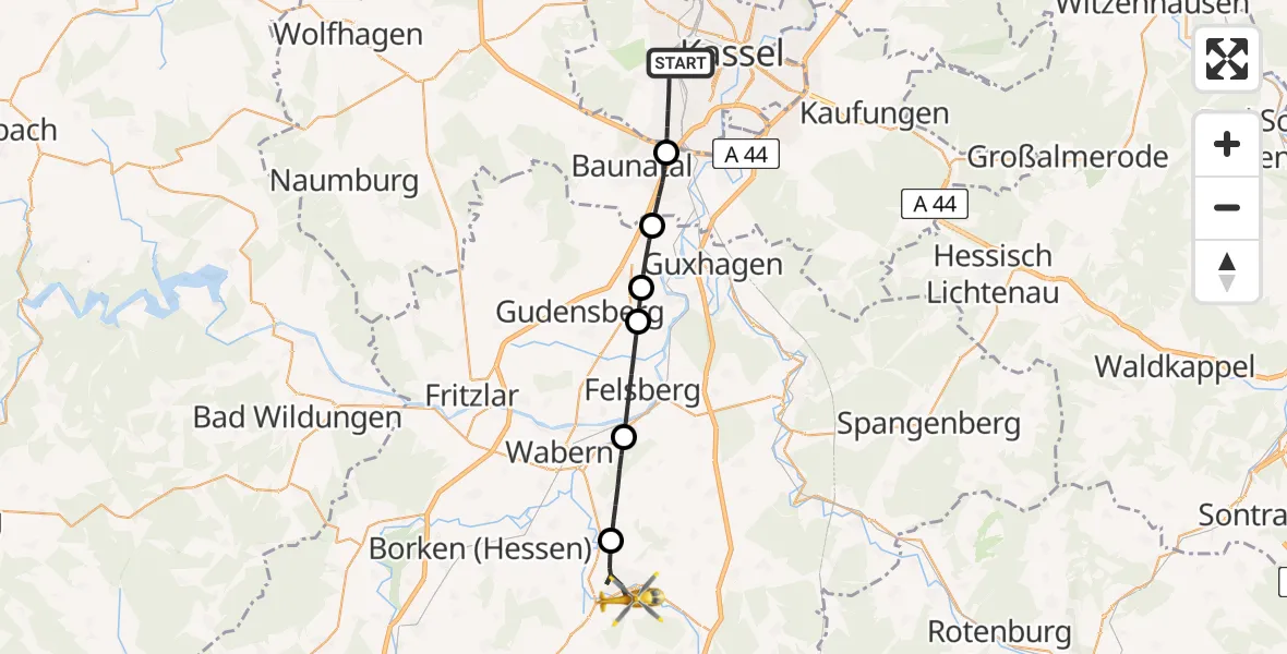 Flugroute Rettungshubschrauber Kassel - Homberg (Efze), 10 April 2026, 06:18