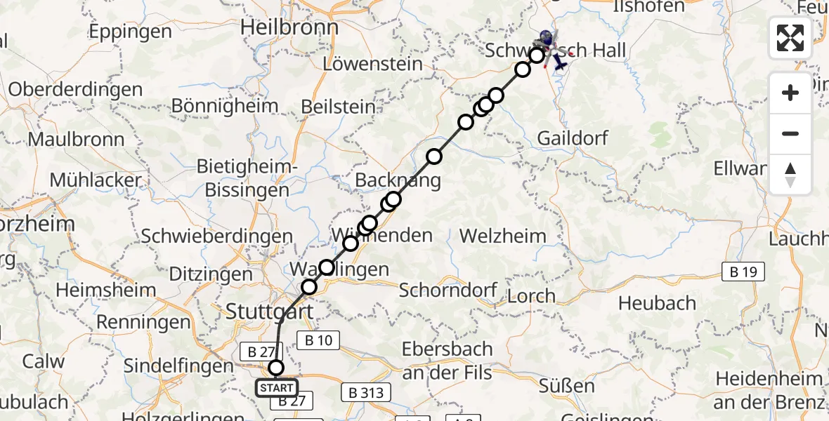 Flugroute Polizeihubschrauber Flughafen Stuttgart - Schwäbisch Hall, 10 April 2026, 06:39