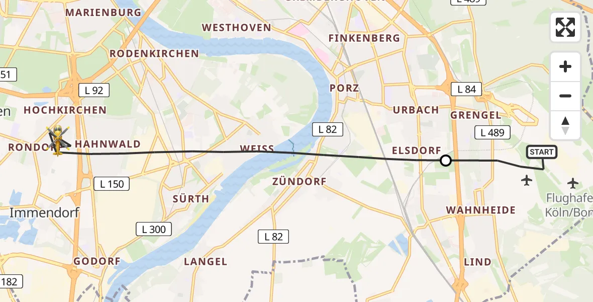 Flugroute Rettungshubschrauber Köln Bonn Flughafen - Köln, 10 April 2026, 06:40