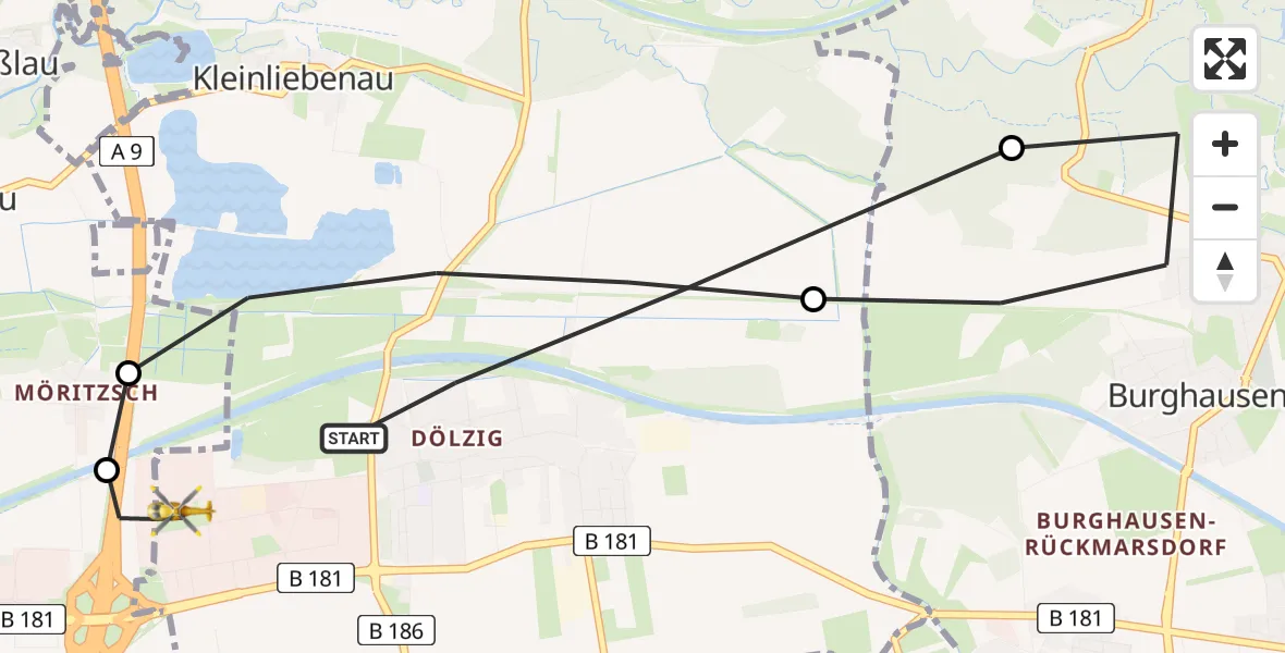 Flugroute Rettungshubschrauber Schkeuditz - ADAC Air Rescue Station Leipzig/Schkeuditz-Dölzig Hubschrauberlandeplatz (Christoph 61), 10 April 2026, 06:47