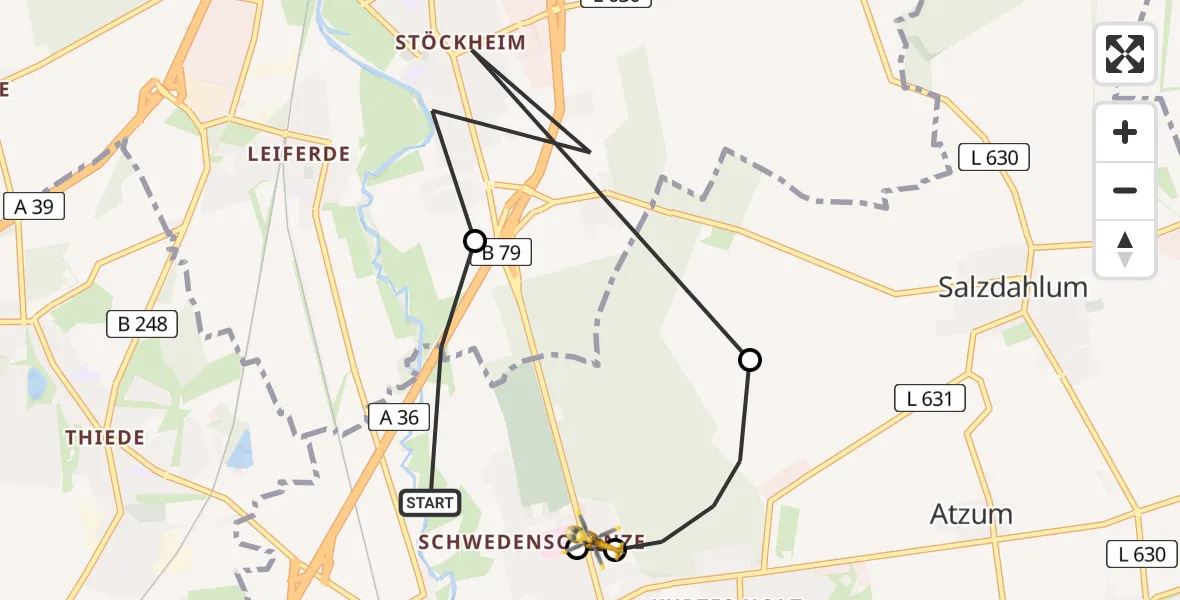 Flugroute Rettungshubschrauber Wolfenbüttel - Wolfenbüttel Municipal Hospital Hubschrauberlandeplatz (Christoph 30), 10 April 2026, 06:52