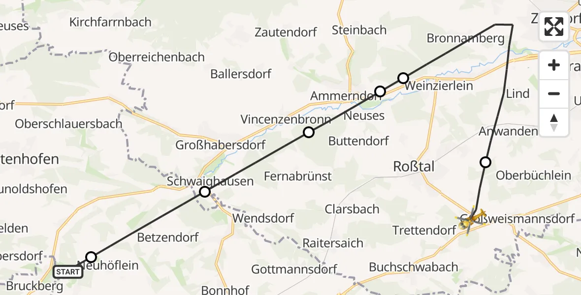 Flugroute Rettungshubschrauber Petersaurach - Roßtal, 10 April 2026, 06:54