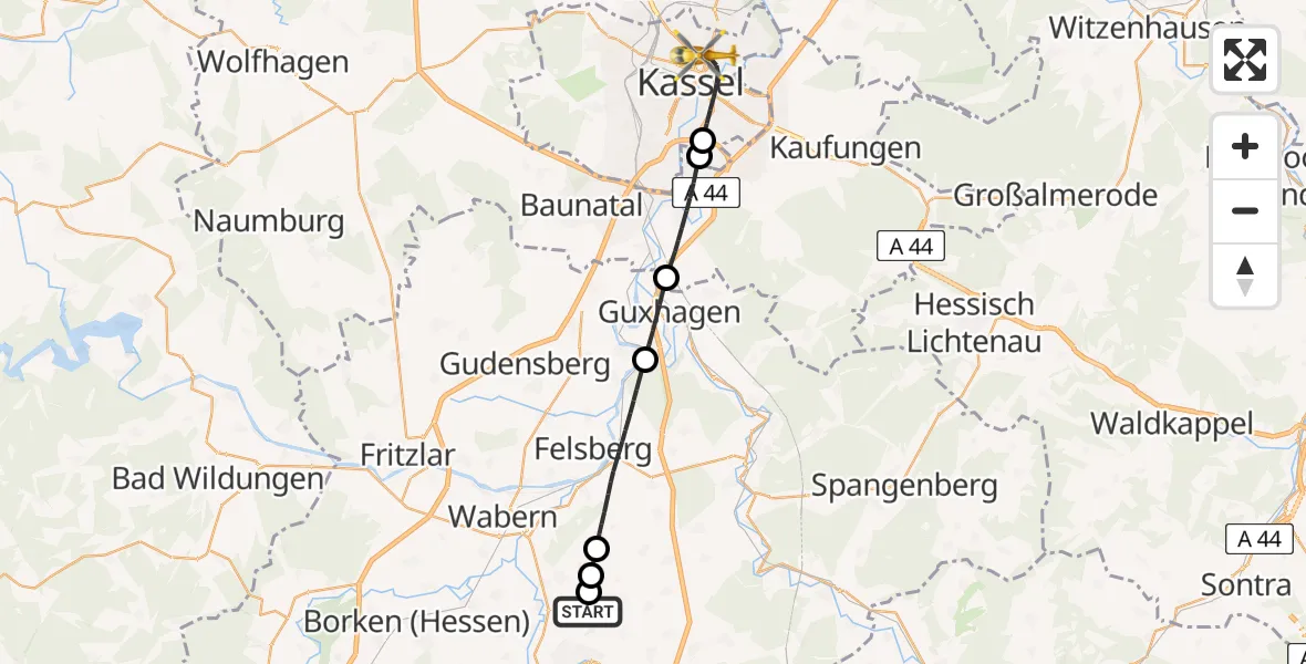 Flugroute Rettungshubschrauber Homberg (Efze) - Kassel, 10 April 2026, 06:58