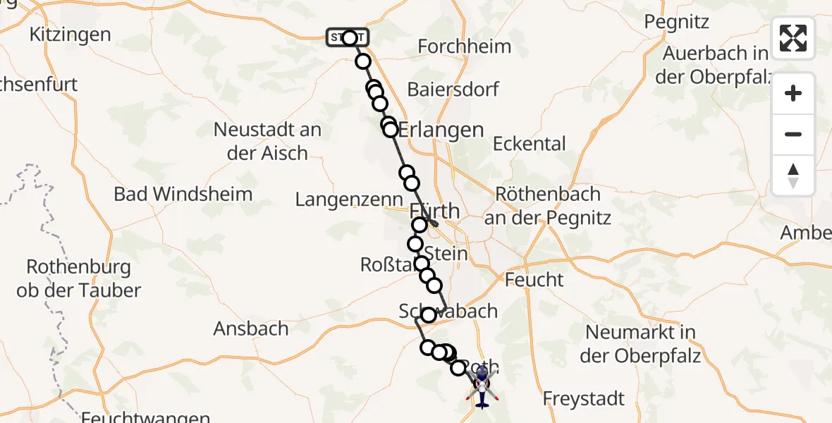Flugroute Polizeihubschrauber Mühlhausen - Flugplatz Roth, 10 April 2026, 07:16
