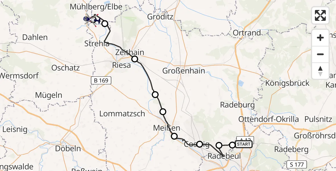 Routekaart van de vlucht: Polizeihubschrauber nach Cavertitz