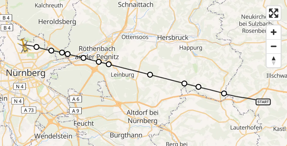 Flugroute Ambulanzhubschrauber Birgland - Flughafen Nuremberg, 10 April 2026, 07:29