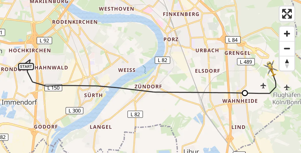Flugroute Rettungshubschrauber Köln - Köln Bonn Flughafen, 10 April 2026, 07:38