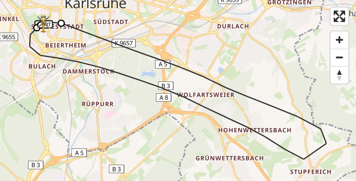 Flugroute Rettungshubschrauber Sankt Vincentius Hospital - Sankt Vincentius Hospital, 10 April 2026, 07:47