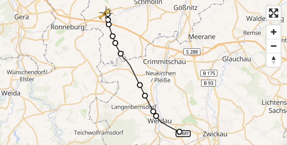 Flugroute Rettungshubschrauber ADAC Air Rescue Station Zwickau Hubschrauberlandeplatz - Löbichau, 10 April 2026, 07:48