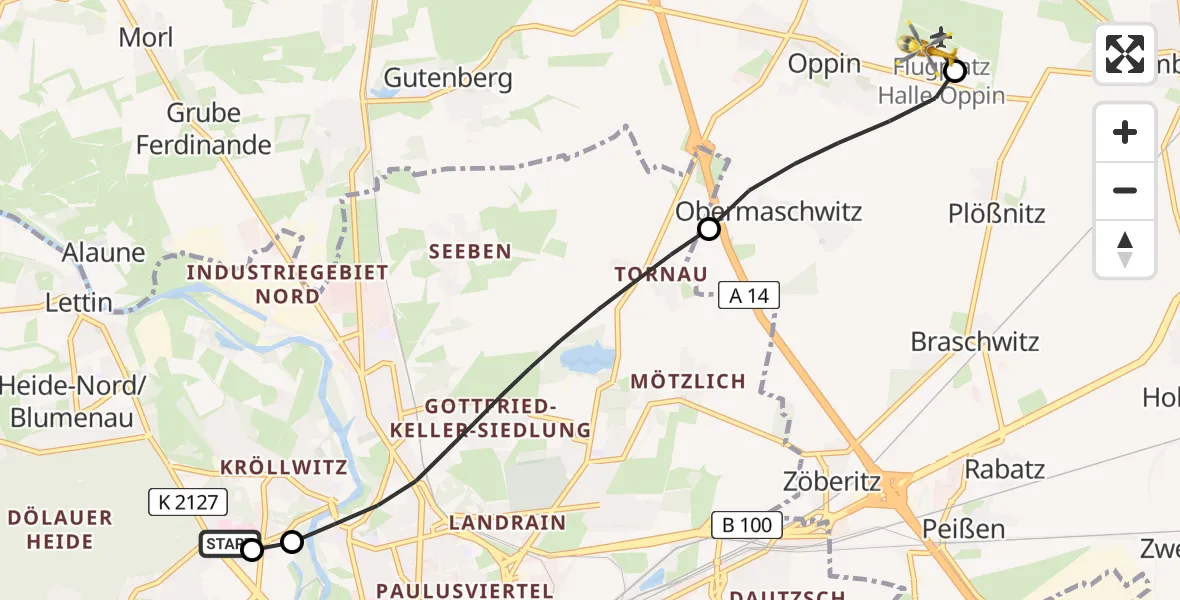 Flugroute Ambulanzhubschrauber Halle (Saale) University Hospital - Halle-Oppin Flugplatz, 10 April 2026, 07:57