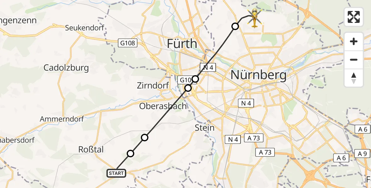 Flugroute Rettungshubschrauber Roßtal - Flughafen Nuremberg, 10 April 2026, 07:59