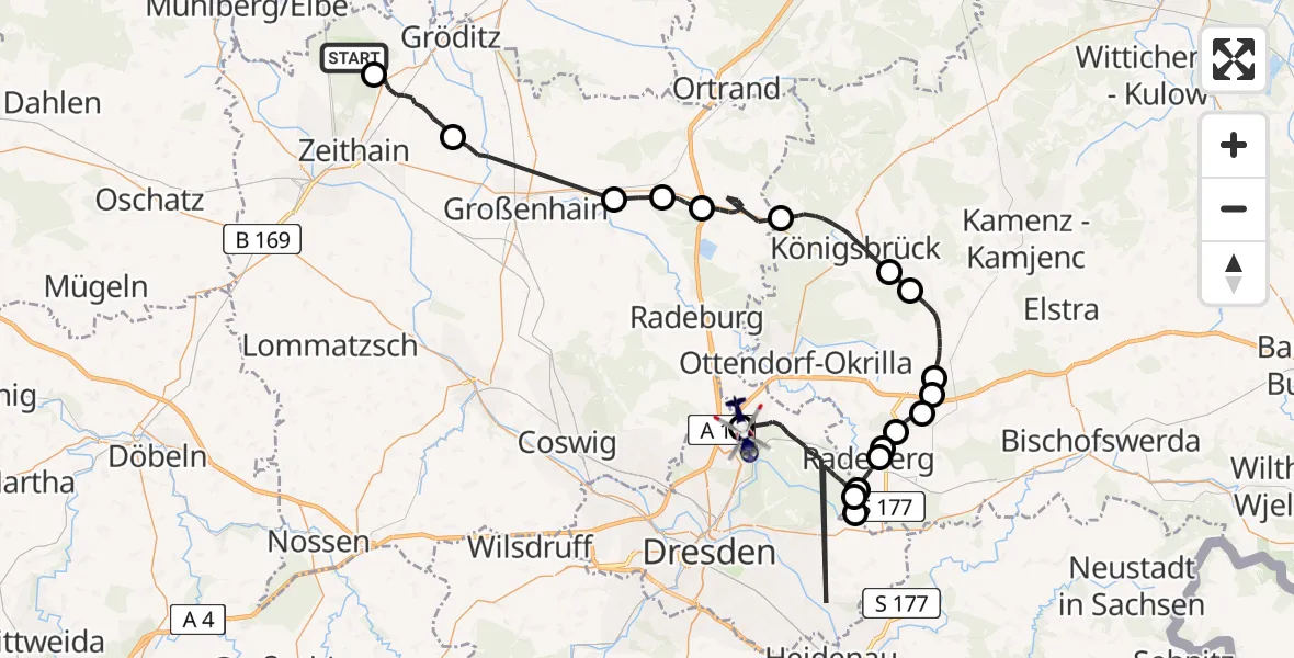 Routekaart van de vlucht: Polizeihubschrauber nach Dresden Bundespolizei Hubschrauberlandeplatz