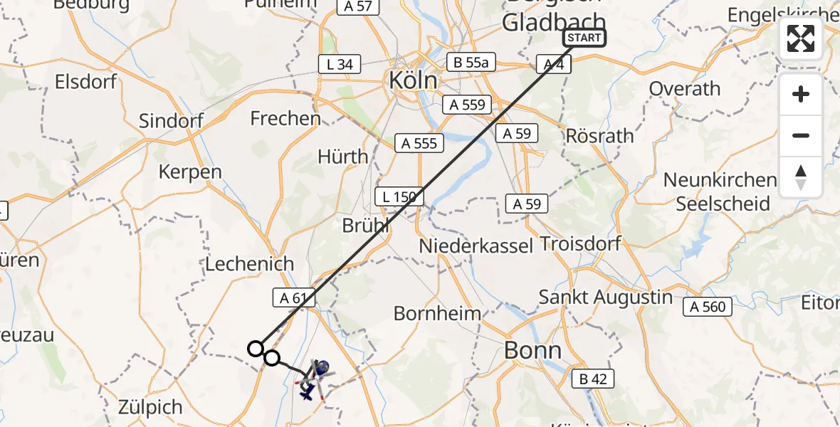 Flugroute Polizeihubschrauber Bergisch Gladbach - Weilerswist, 10 April 2026, 08:36