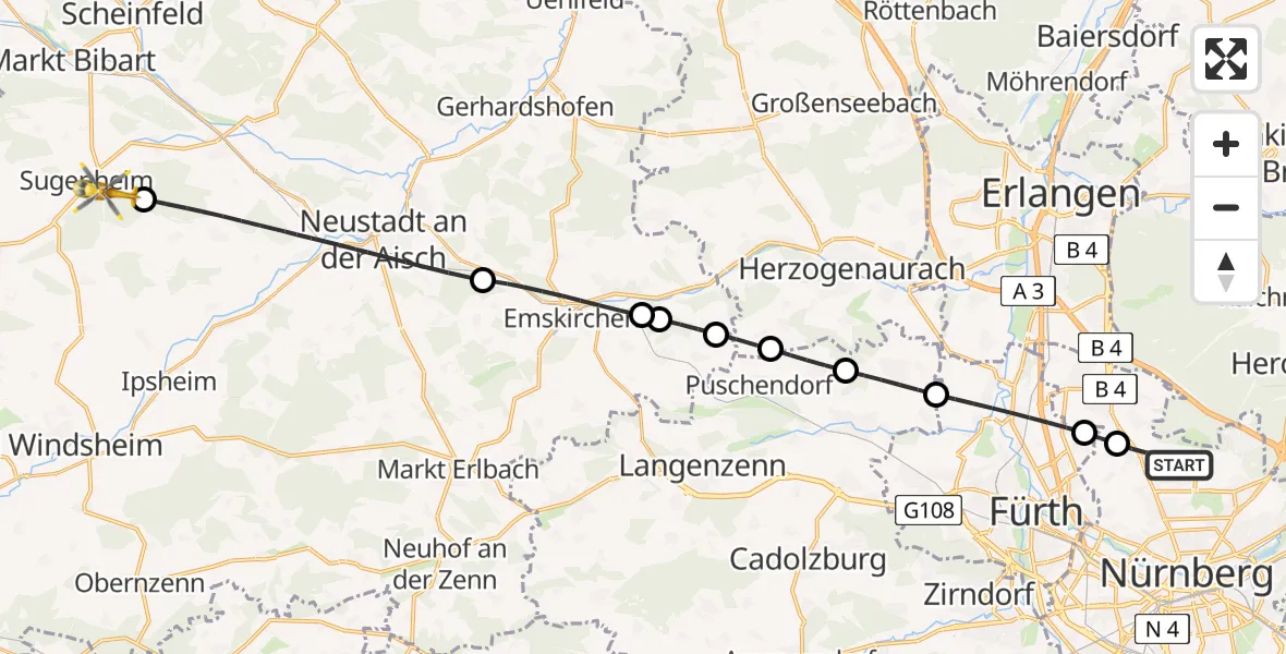 Flugroute Rettungshubschrauber Flughafen Nuremberg - Sugenheim, 10 April 2026, 08:46