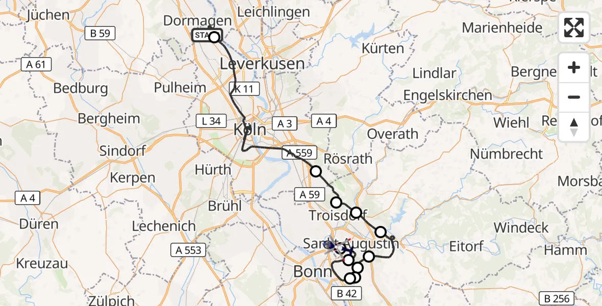 Flugroute Polizeihubschrauber Monheim am Rhein - Bonn-Hangelar Flugplatz, 10 April 2026, 08:50