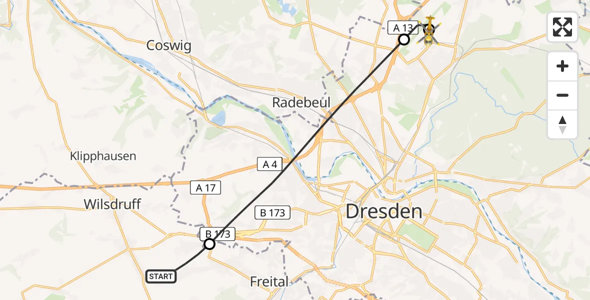 Flugroute Rettungshubschrauber Wilsdruff - Dresden Bundespolizei Hubschrauberlandeplatz, 10 April 2026, 08:53