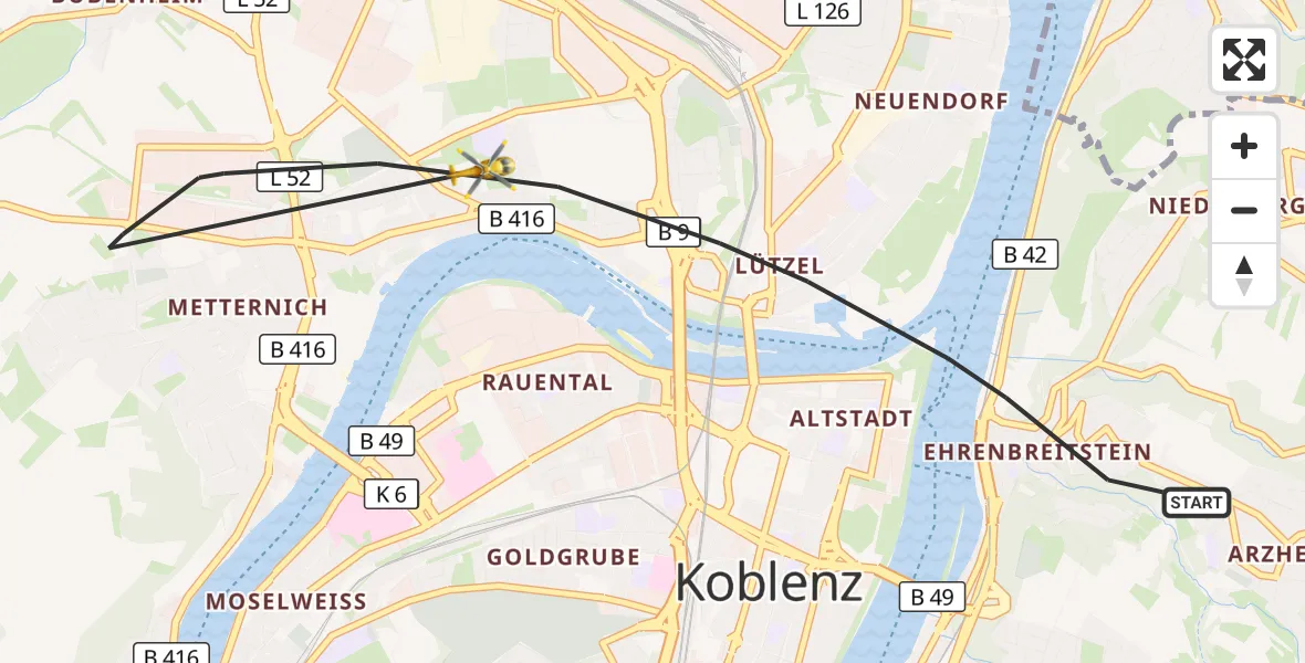 Flugroute Rettungshubschrauber Koblenz - Koblenz, 10 April 2026, 08:57