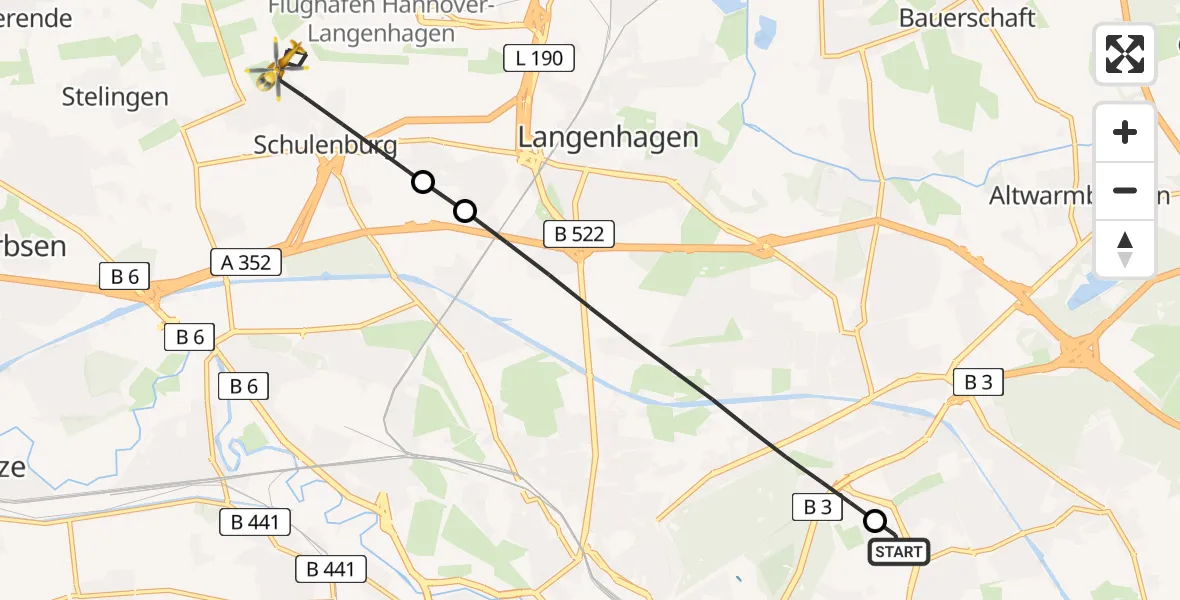 Flugroute Rettungshubschrauber Hannover Luftrettung Hubschrauberlandeplatz (Christoph 4) - Flughafen Hannover, 10 April 2026, 09:02