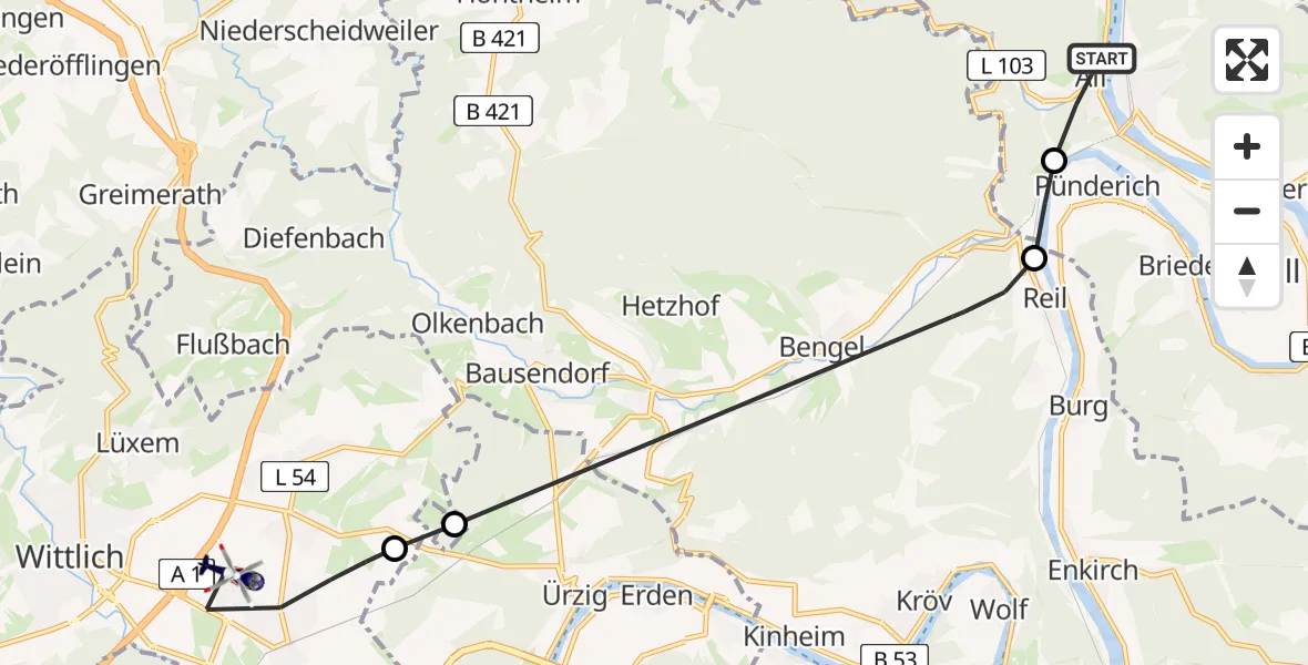 Flugroute Polizeihubschrauber Alf - Wittlich, 10 April 2026, 09:02