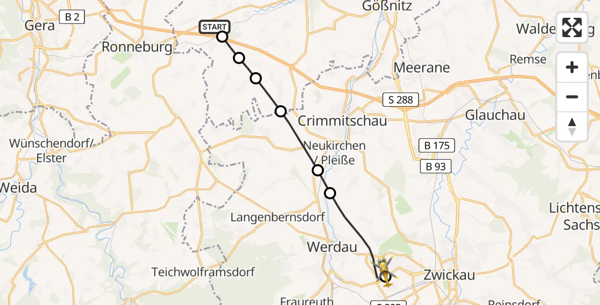 Flugroute Rettungshubschrauber Löbichau - ADAC Air Rescue Station Zwickau Hubschrauberlandeplatz, 10 April 2026, 09:11