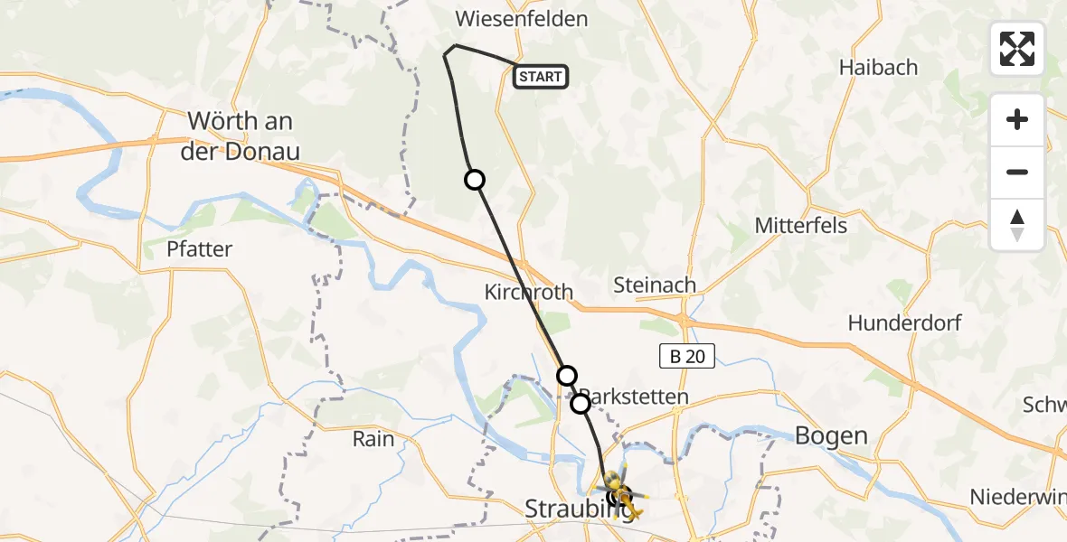 Flugroute Rettungshubschrauber Wiesenfelden - Sankt Elisabeth Hospital Straubing, 10 April 2026, 09:14