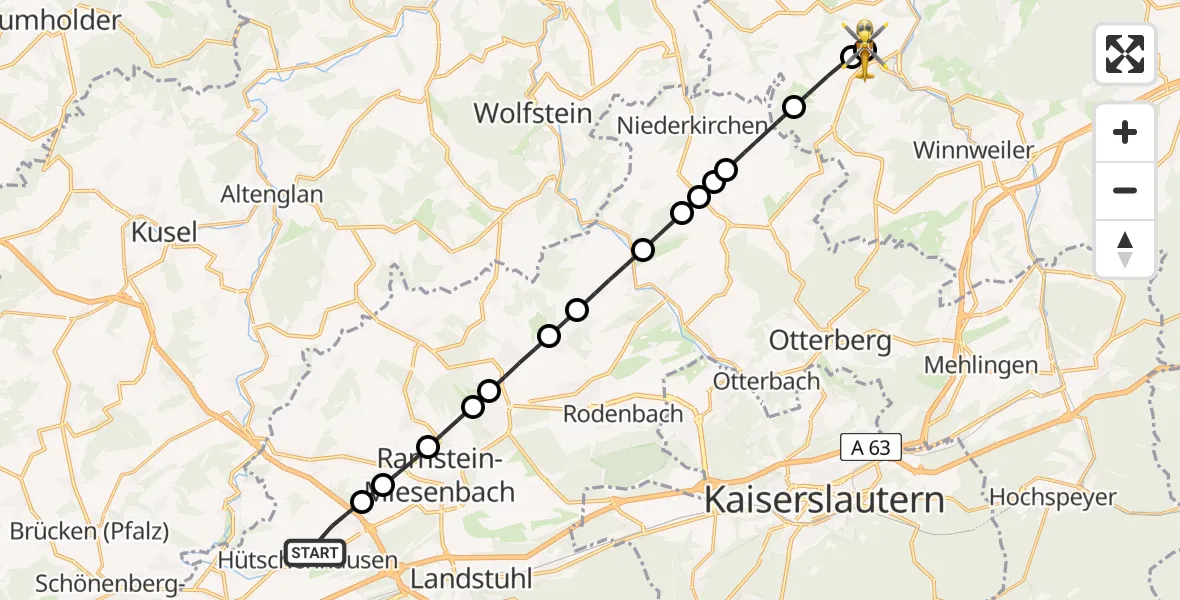 Flugroute Rettungshubschrauber Hütschenhausen - Imsweiler UL, 10 April 2026, 09:17