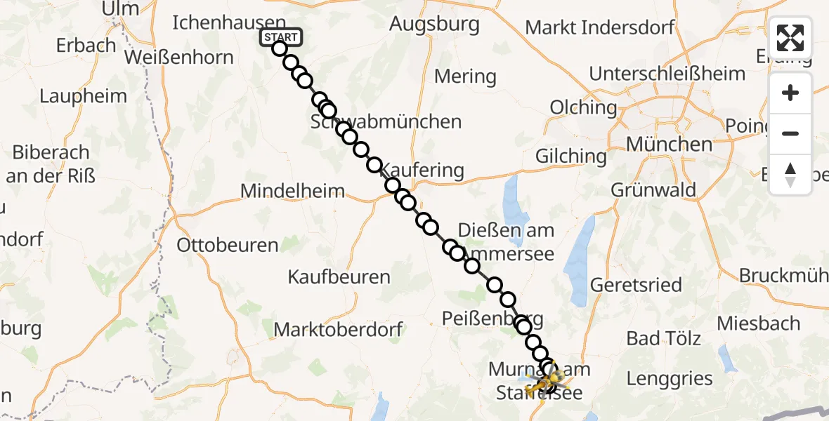 Flugroute Rettungshubschrauber Burtenbach - Murnau Accident Hospital, 10 April 2026, 09:21