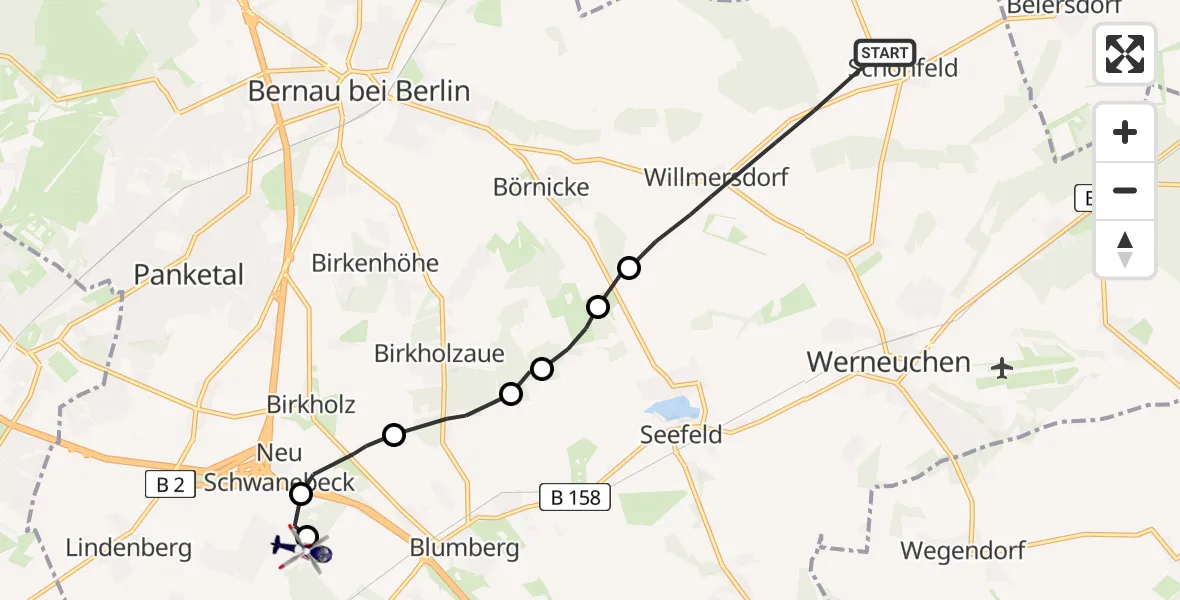Flugroute Polizeihubschrauber Werneuchen - Ahrensfelde Hubschrauberlandeplatz, 10 April 2026, 09:34