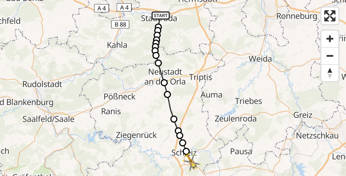Flugroute Rettungshubschrauber Stadtroda - Schleiz, 10 April 2026, 09:38