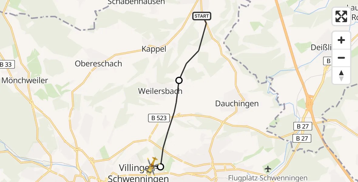 Flugroute Rettungshubschrauber Niedereschach - DRF Air Rescue Station Villingen-Schwenningen Hubschrauberlandeplatz (Christoph 11), 10 April 2026, 09:40
