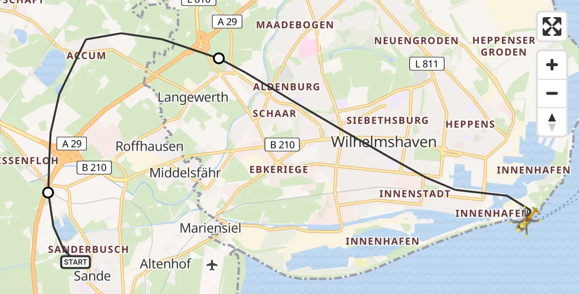 Flugroute Rettungshubschrauber Sande - Wilhelmshaven, 10 April 2026, 09:41