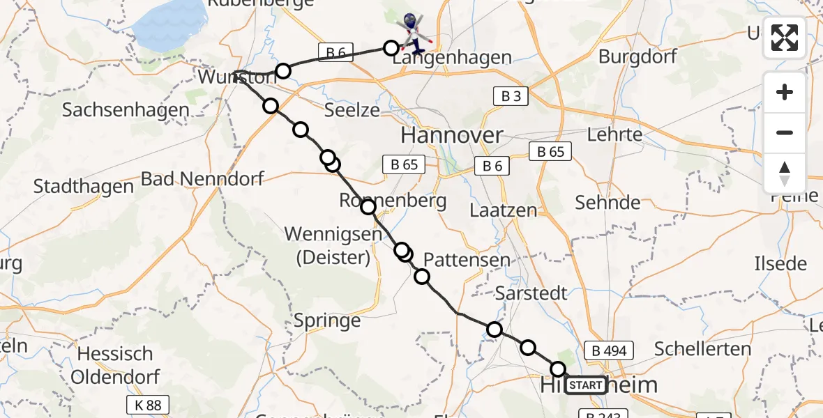 Flugroute Polizeihubschrauber Hildesheim - Flughafen Hannover, 10 April 2026, 09:42