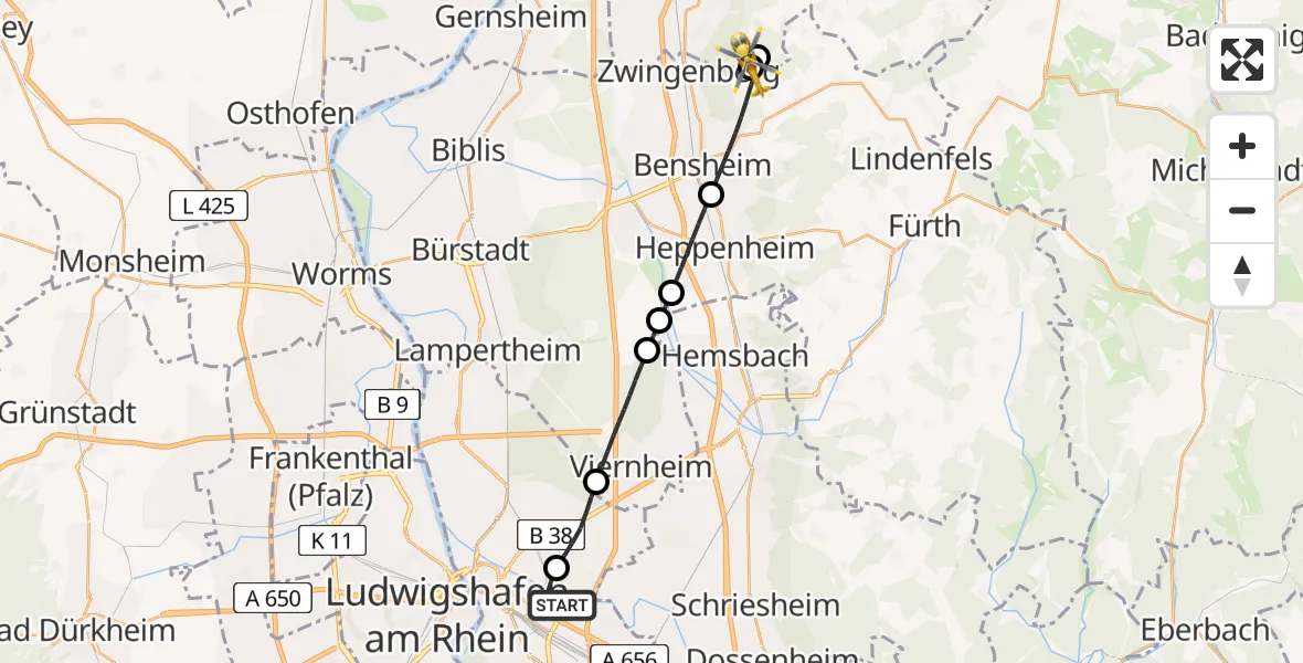 Flugroute Rettungshubschrauber Mannheim-City Flughafen - Seeheim-Jugenheim, 10 April 2026, 09:55