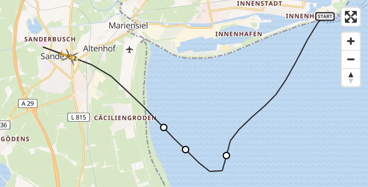 Flugroute Rettungshubschrauber Wilhelmshaven - Sande, 10 April 2026, 10:18