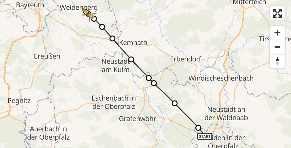 Flugroute Rettungshubschrauber Weiden i.d.OPf. - Weidenberg, 10 April 2026, 10:35