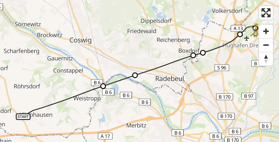 Flugroute Rettungshubschrauber Klipphausen - Dresden Bundespolizei Hubschrauberlandeplatz, 10 April 2026, 10:44