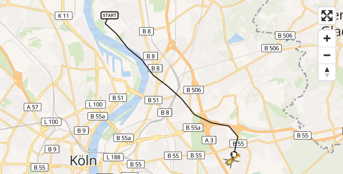 Flugroute Rettungshubschrauber Köln - Merheim Hospital, 10 April 2026, 10:45